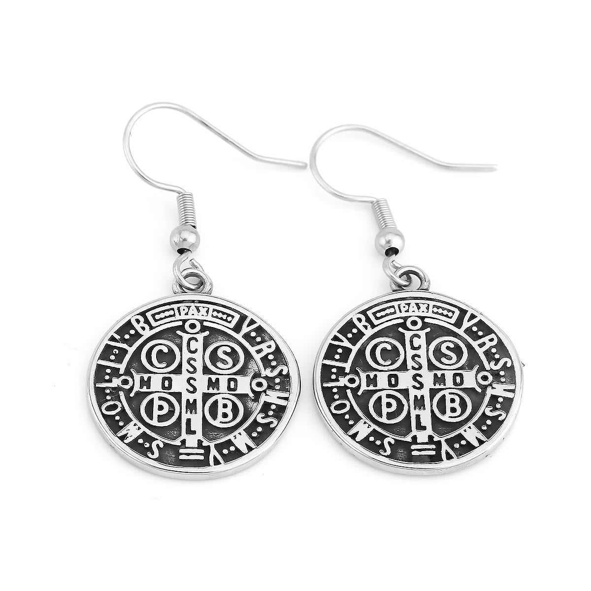 Pendientes de Protección Divina con Emblema Grabado de San Benito Estilo Clásico