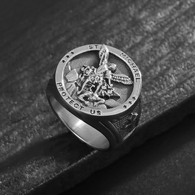 Anillo de Fe Divina "San Miguel Arcángel, Protégennos" Estilo Clásico