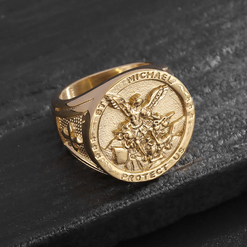 Anillo de Fe Divina "San Miguel Arcángel, Protégennos" Estilo Clásico