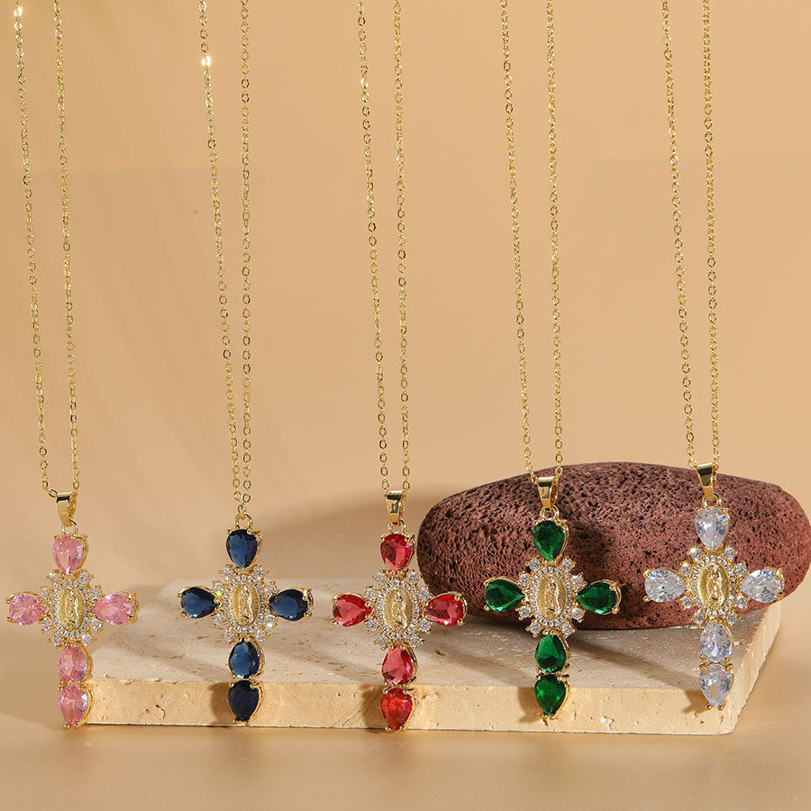 Collar de Pendientes de Zirconio en Forma de Cruz de Nuestra Señora de Guadalupe Estilo Moderno