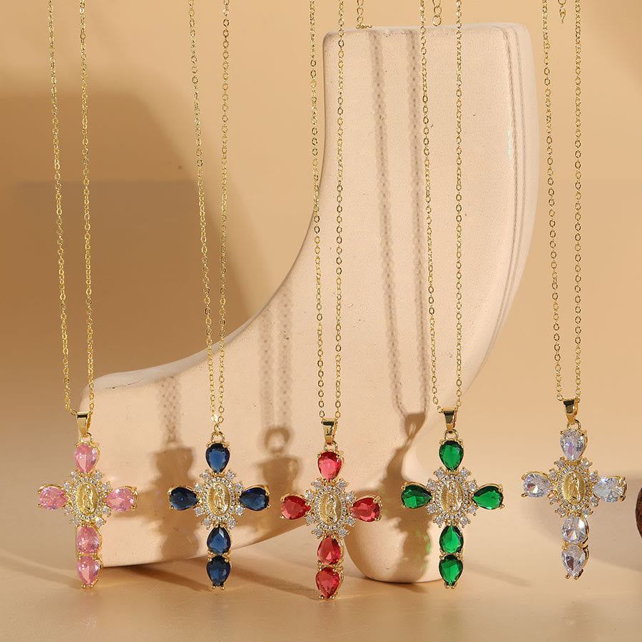 Collar de Pendientes de Zirconio en Forma de Cruz de Nuestra Señora de Guadalupe Estilo Moderno