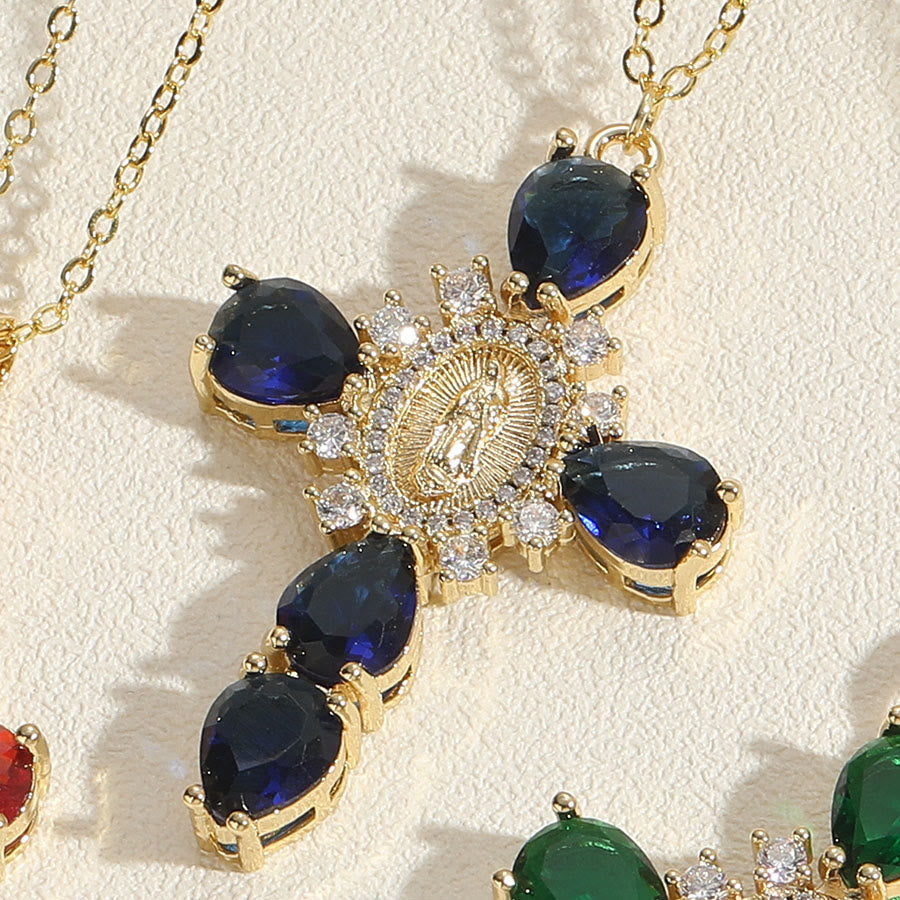 Collar de Pendientes de Zirconio en Forma de Cruz de Nuestra Señora de Guadalupe Estilo Moderno