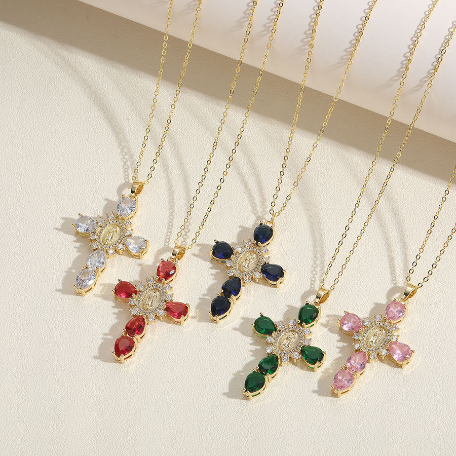 Collar de Pendientes de Zirconio en Forma de Cruz de Nuestra Señora de Guadalupe Estilo Moderno