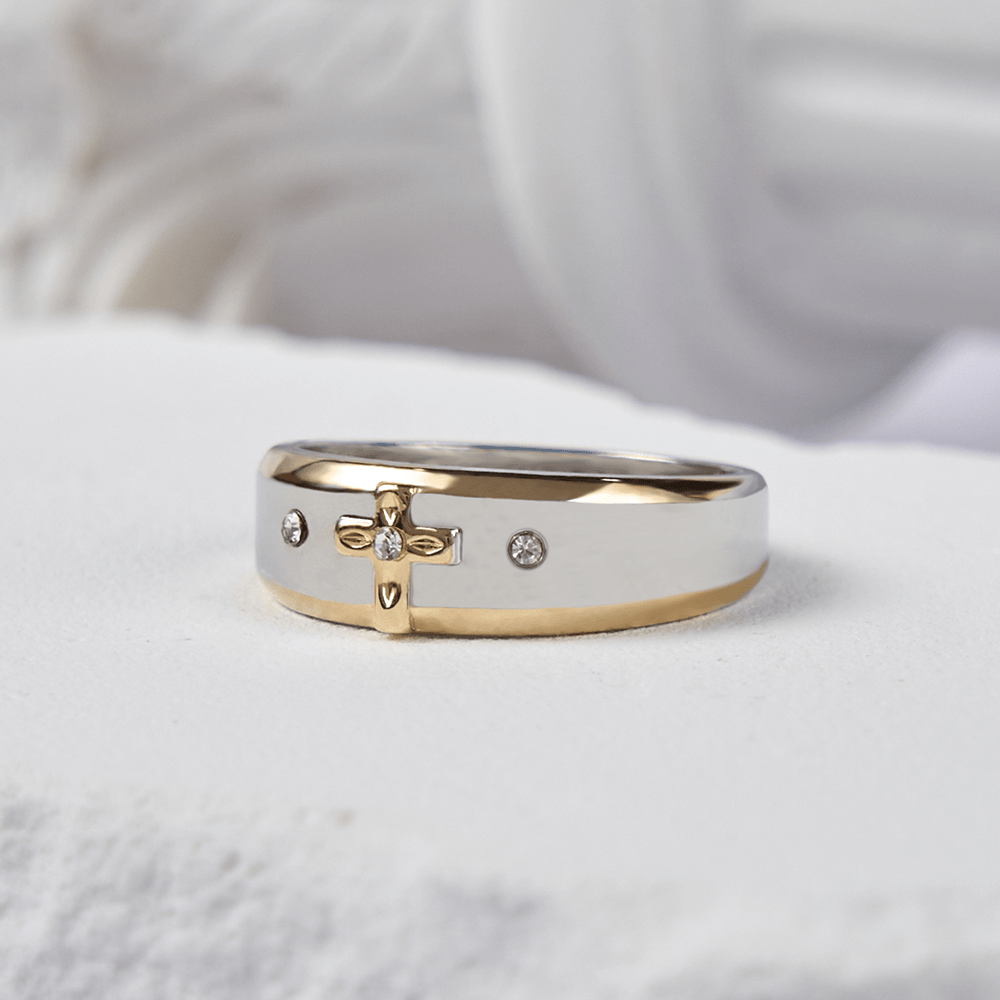 Anillo de Aleación de Cruz de Oro Bicolor de Estilo Moderno (Hecho en Tierra Santa)