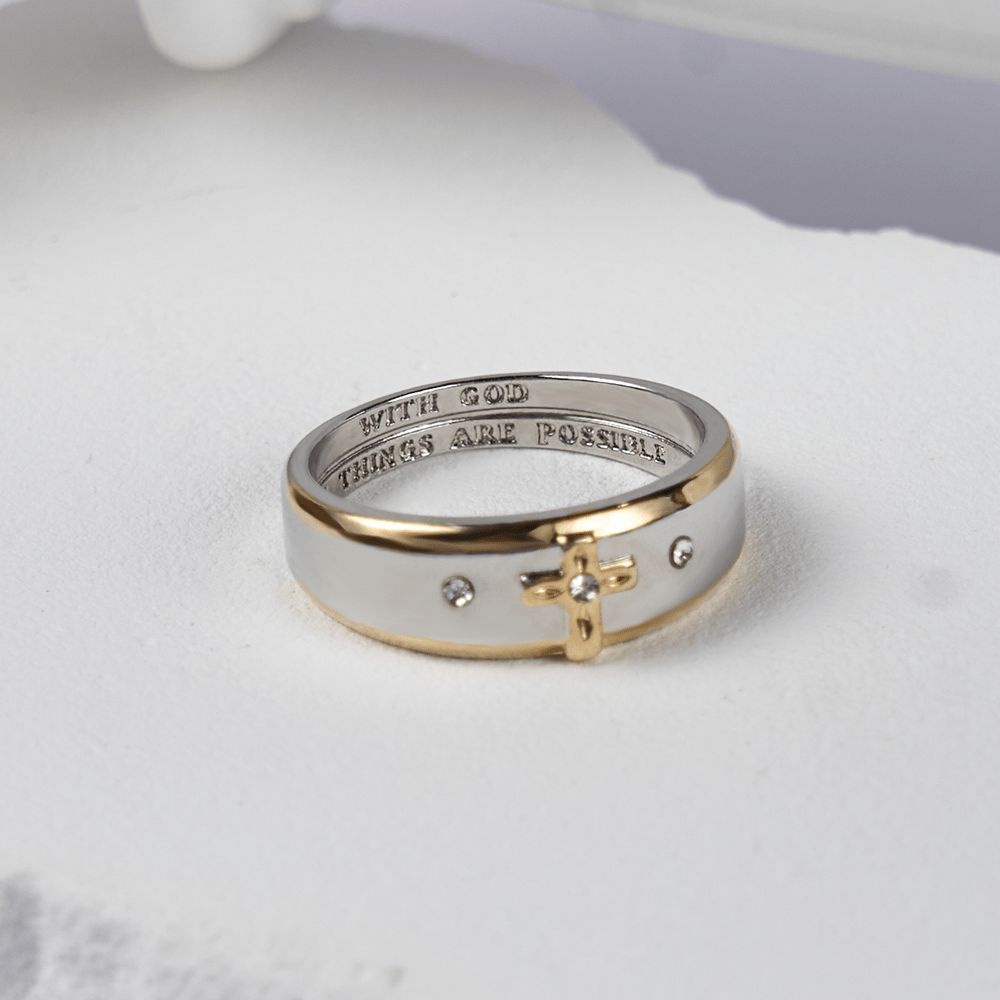 Anillo de Aleación de Cruz de Oro Bicolor de Estilo Moderno (Hecho en Tierra Santa)