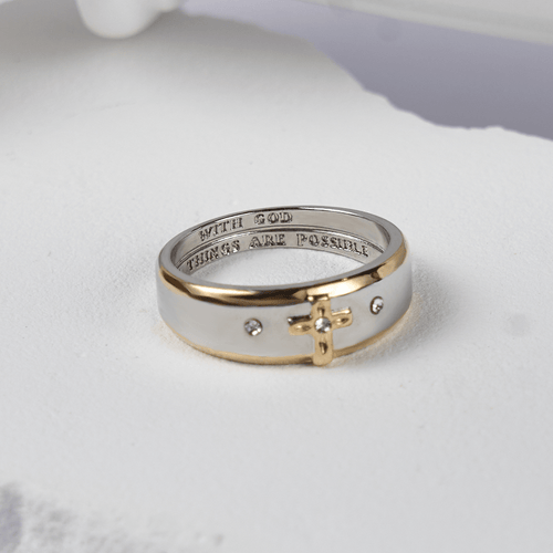 Anillo de Aleación de Cruz de Oro Bicolor de Estilo Moderno (Hecho en Tierra Santa)