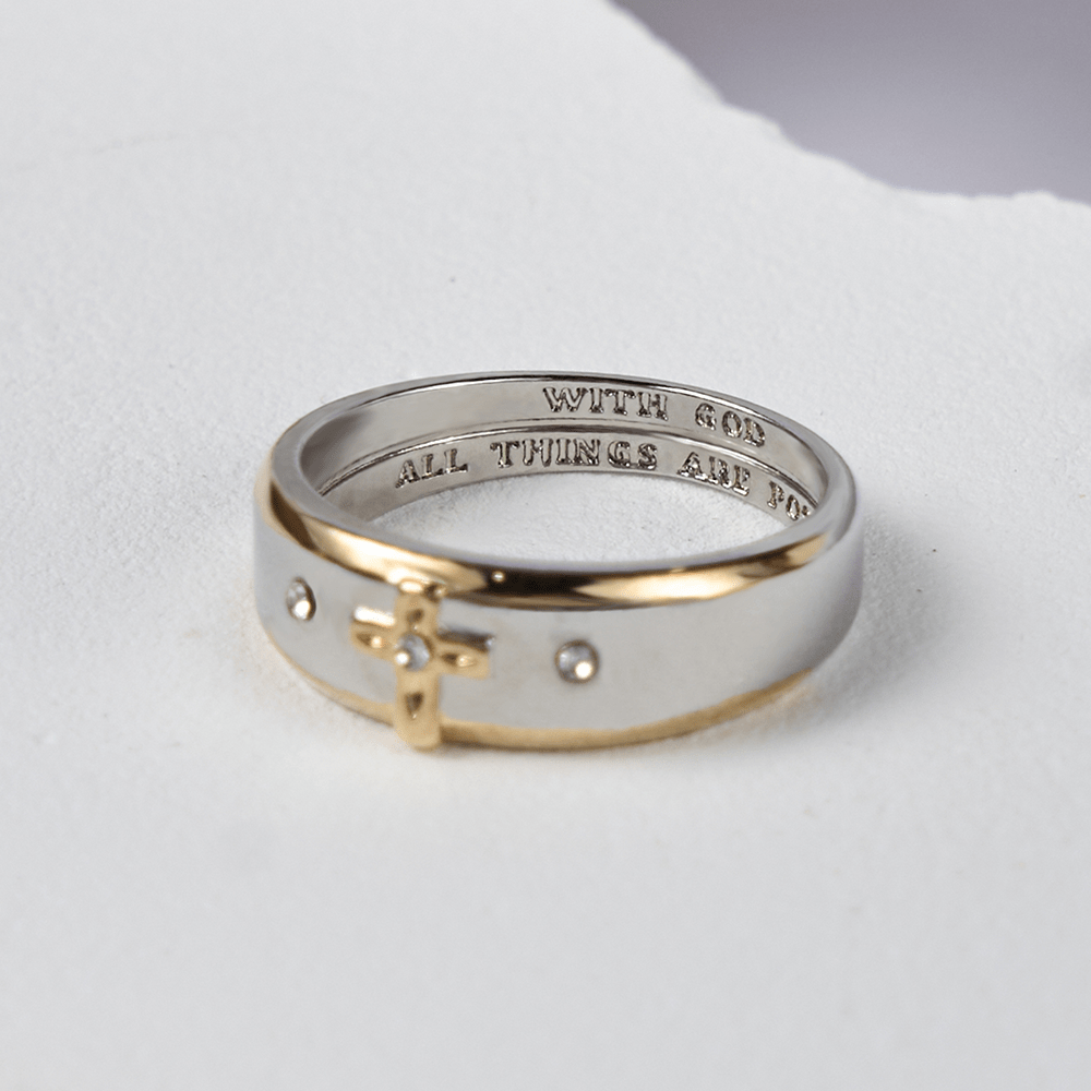 Anillo de Aleación de Cruz de Oro Bicolor de Estilo Moderno (Hecho en Tierra Santa)