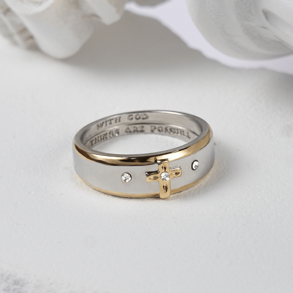 Anillo de Aleación de Cruz de Oro Bicolor de Estilo Moderno (Hecho en Tierra Santa)