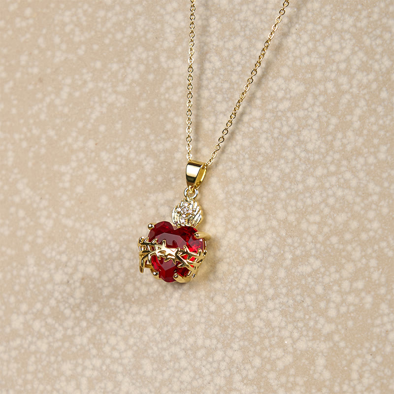 Collar de Pendiente del Sagrado Corazón de Jesús con Piedras Preciosas Rojas de Estilo Moderno