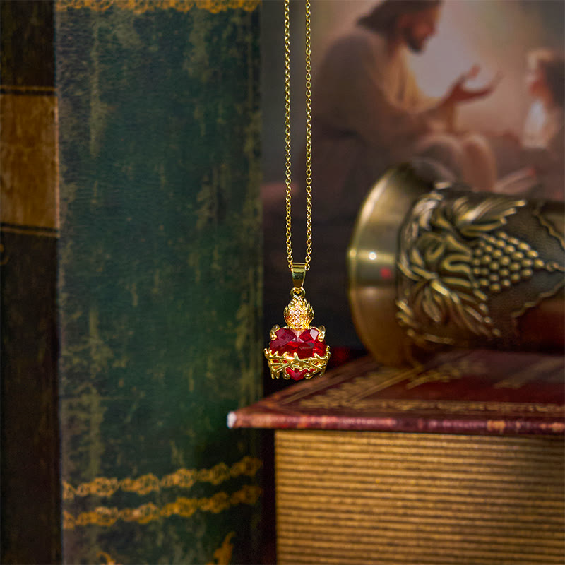 Collar de Pendiente del Sagrado Corazón de Jesús con Piedras Preciosas Rojas de Estilo Moderno