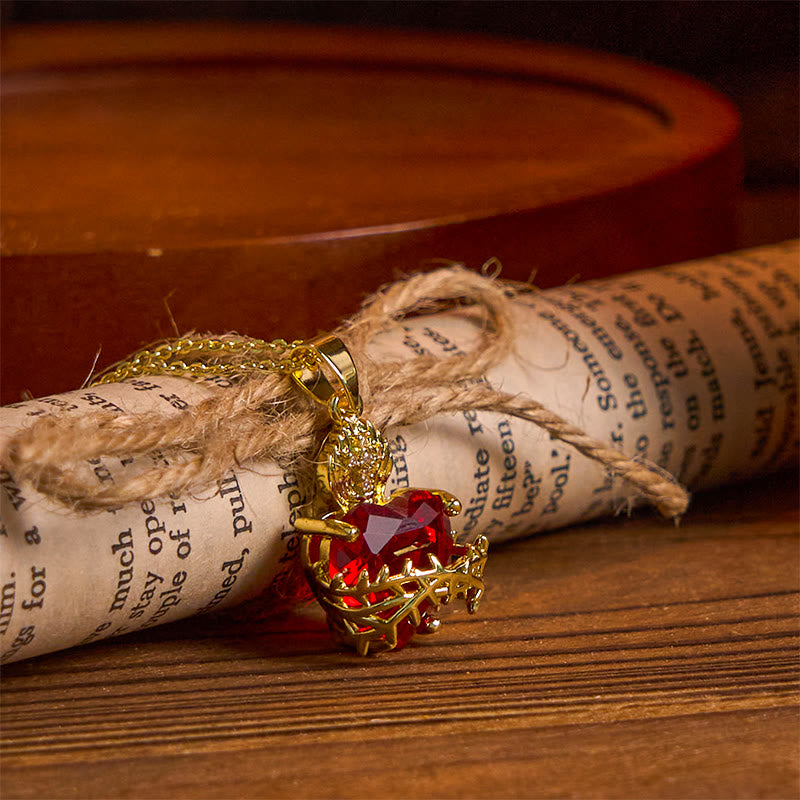 Collar de Pendiente del Sagrado Corazón de Jesús con Piedras Preciosas Rojas de Estilo Moderno