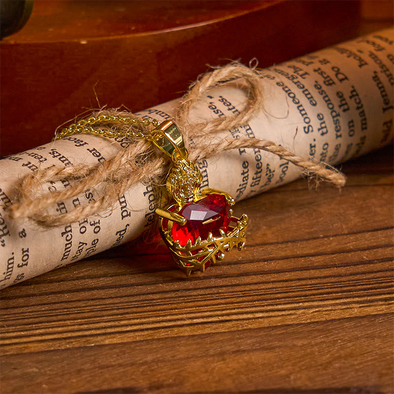 Collar de Péndulo del Sagrado Corazón de Jesús con Gemas Rojas de Estilo Moderno