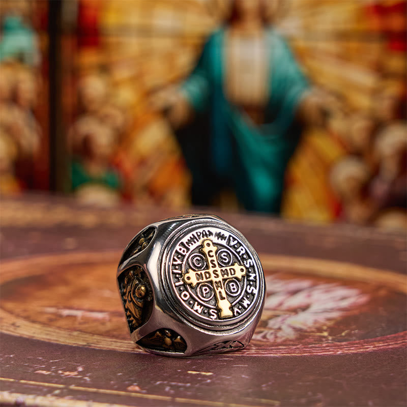 Anillo de Fe Divina Cruz de San Benito Estilo Clásico