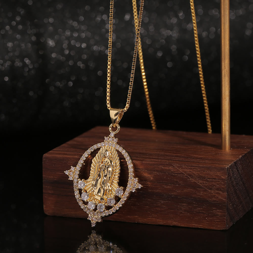 Collar de Péndulo de Gemas de Nuestra Señora de Guadalupe Estilo Lujo
