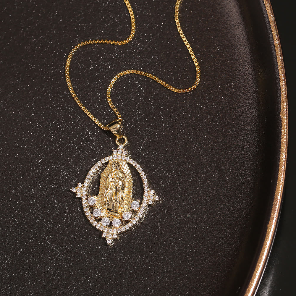 Collar de Péndulo de Gemas de Nuestra Señora de Guadalupe Estilo Lujo
