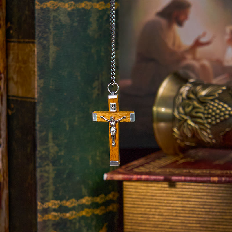 Collar de Colgante de Crucifijo de Madera y Aleación Estilo Retro con Icono de Jesús