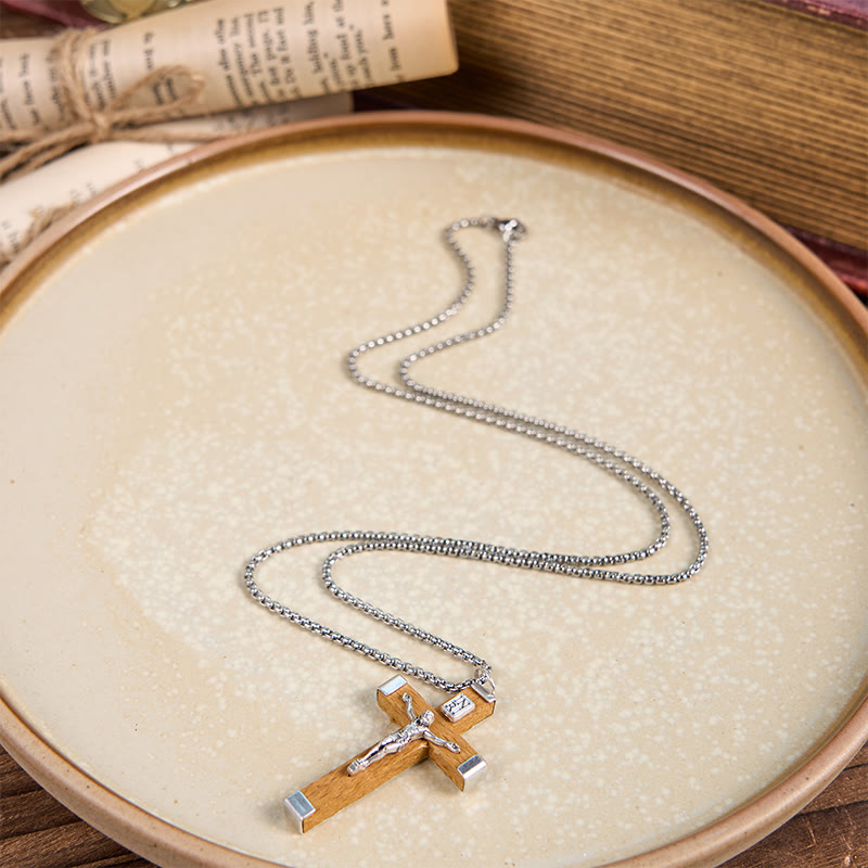 Collar de Colgante de Crucifijo de Madera y Aleación Estilo Retro con Icono de Jesús