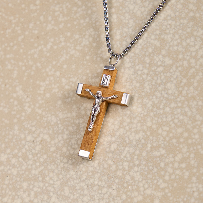 Collar de Colgante de Crucifijo de Madera y Aleación Estilo Retro con Icono de Jesús