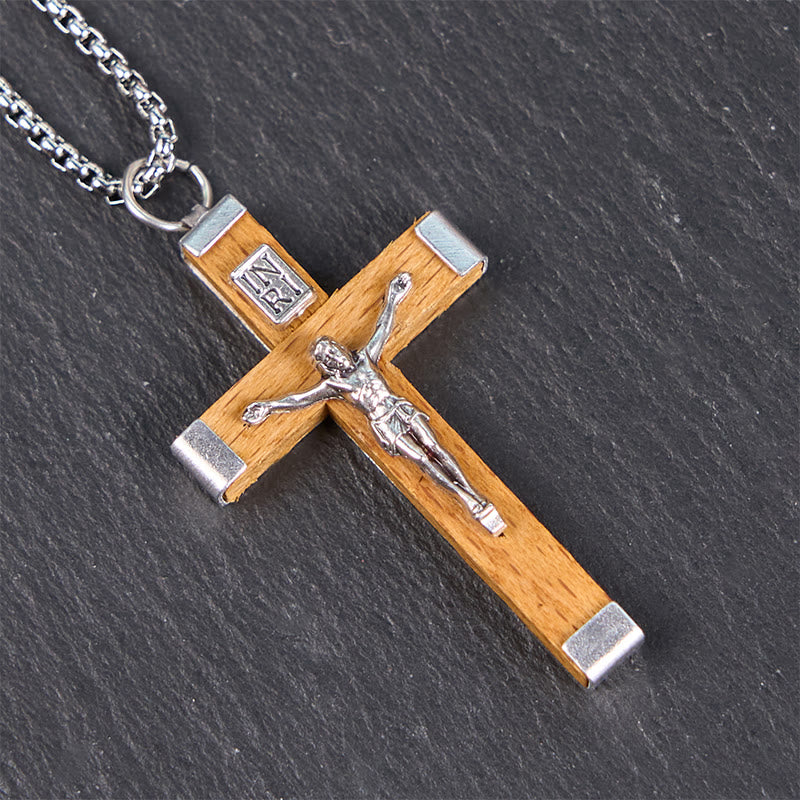 Collar de Colgante de Crucifijo de Madera y Aleación Estilo Retro con Icono de Jesús