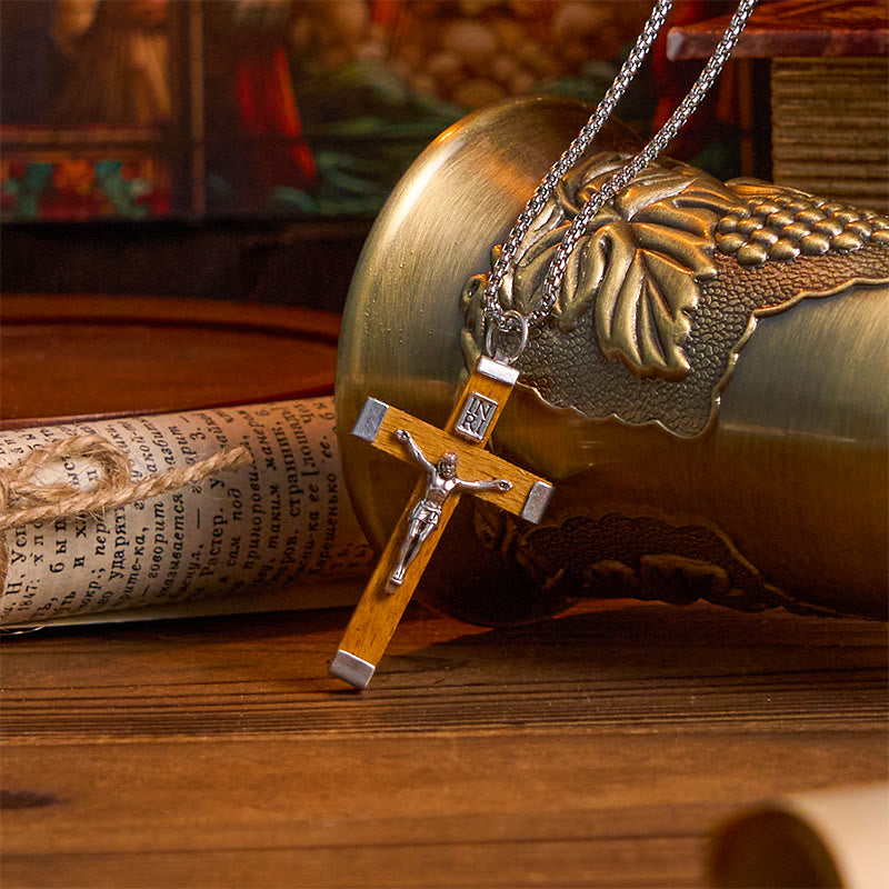 Collar de Colgante de Crucifijo de Madera y Aleación Estilo Retro con Icono de Jesús