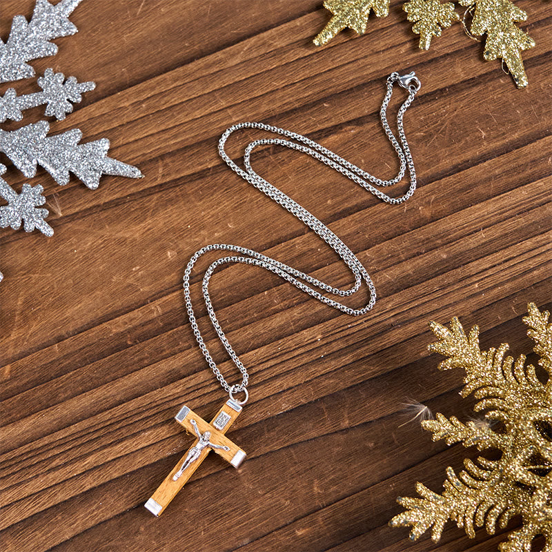 Collar de Colgante de Crucifijo de Madera y Aleación Estilo Retro con Icono de Jesús