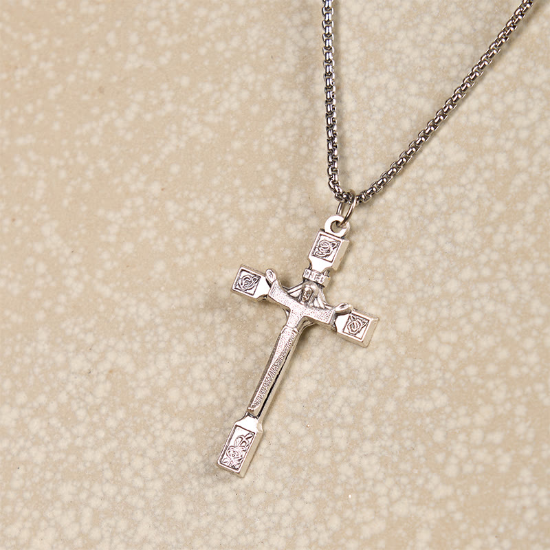 Collar Colgante Minimalista Exclusivo de Jesús Crucifijo con Rosas
