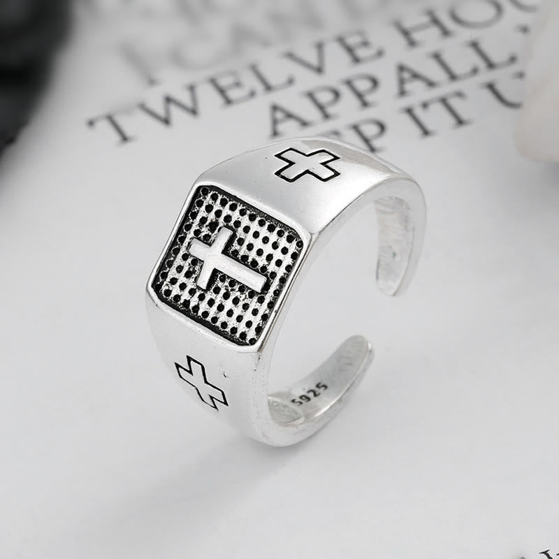 Anillo Ajustable de Fe Minimalista con Cruz Grabada en Plata Esterlina 925
