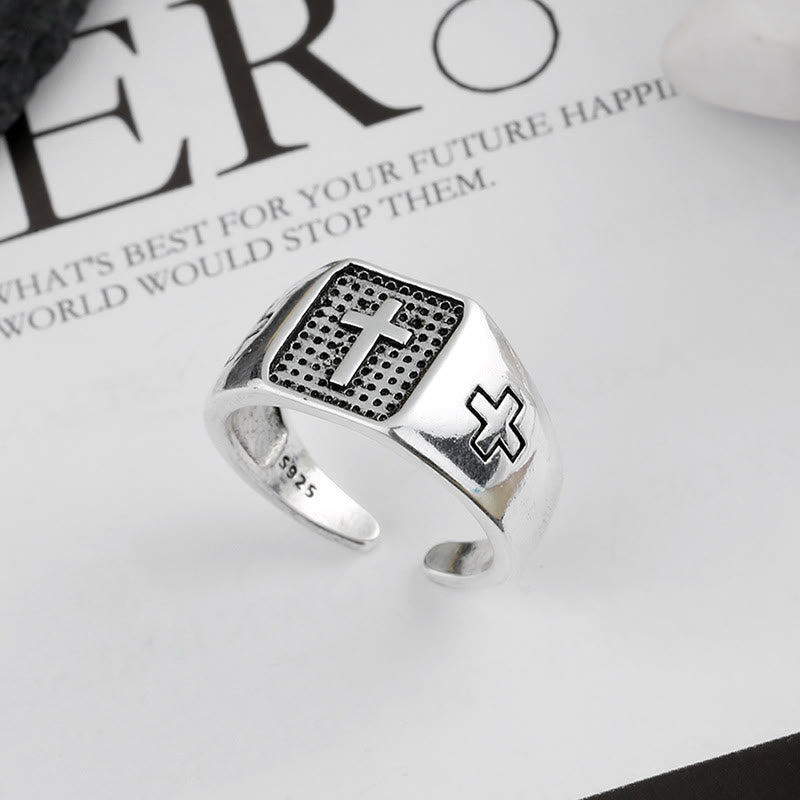 Anillo Ajustable de Fe Minimalista con Cruz Grabada en Plata Esterlina 925