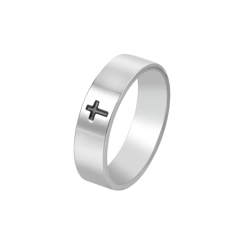 Anillo de Fe de Titanio Grabado en Cruz de Estilo Minimalista Brillante