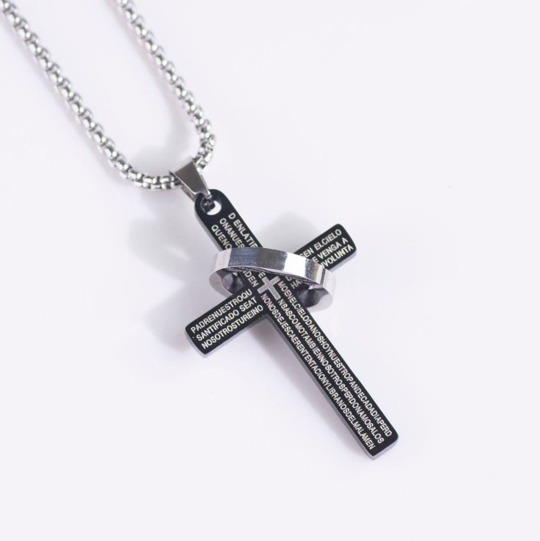 Collar Minimalista con Cruz de Versículo Bíblico y Anillo de Fe