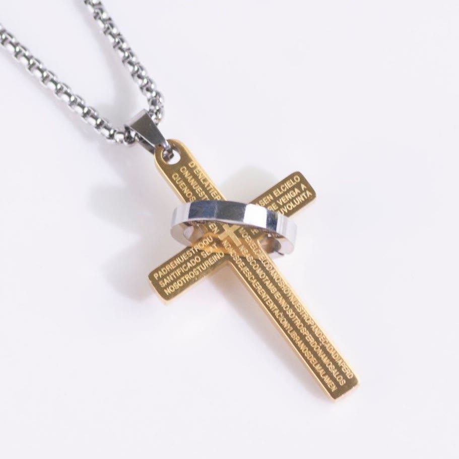 Collar Minimalista con Cruz de Versículo Bíblico y Anillo de Fe