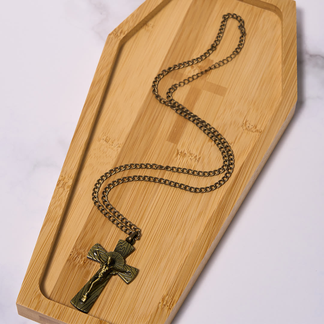 Collar de Pendiente de Cruz de Jesús de Acero de Titanio con Patrón de Árbol de Estilo Retro