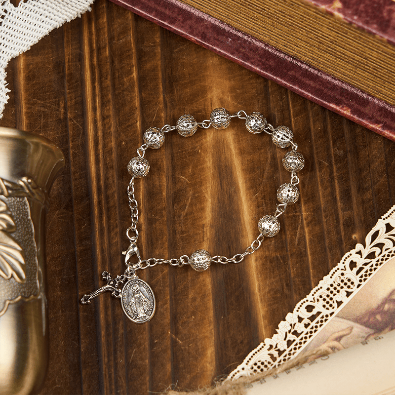 Pulsera Ajustable Simple Casual con Medalla Milagrosa y Crucifijo