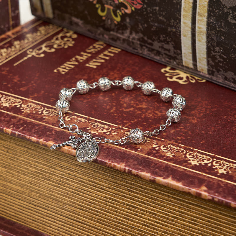 Pulsera Ajustable Simple Casual con Medalla Milagrosa y Crucifijo