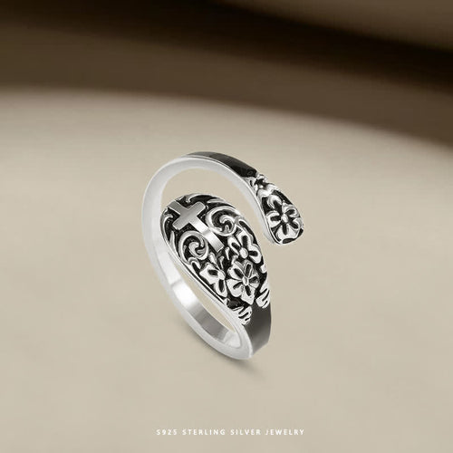Anillo Cruz Grabado Ajustable de Plata Esterlina 925 - Elegancia en la Devoción