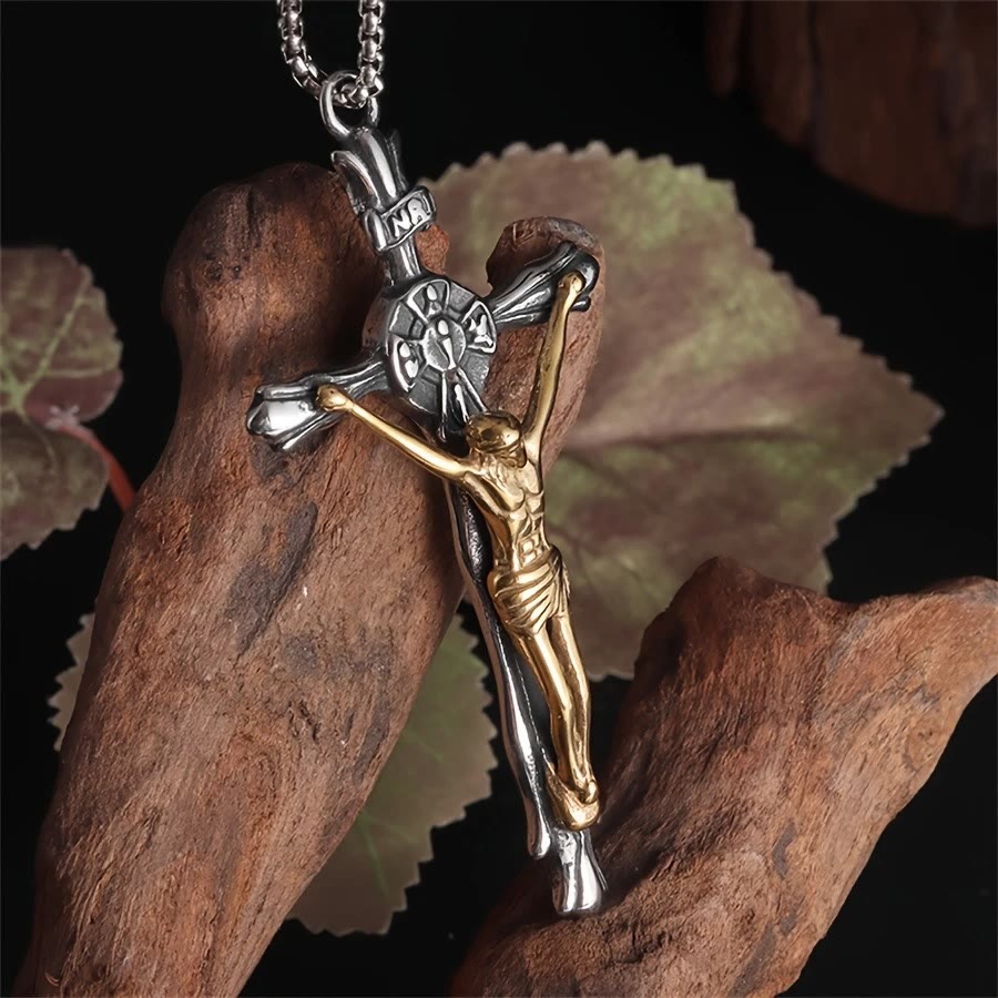 Collar de Crucifijo de Acero Bicolor - El Sacrificio Divino