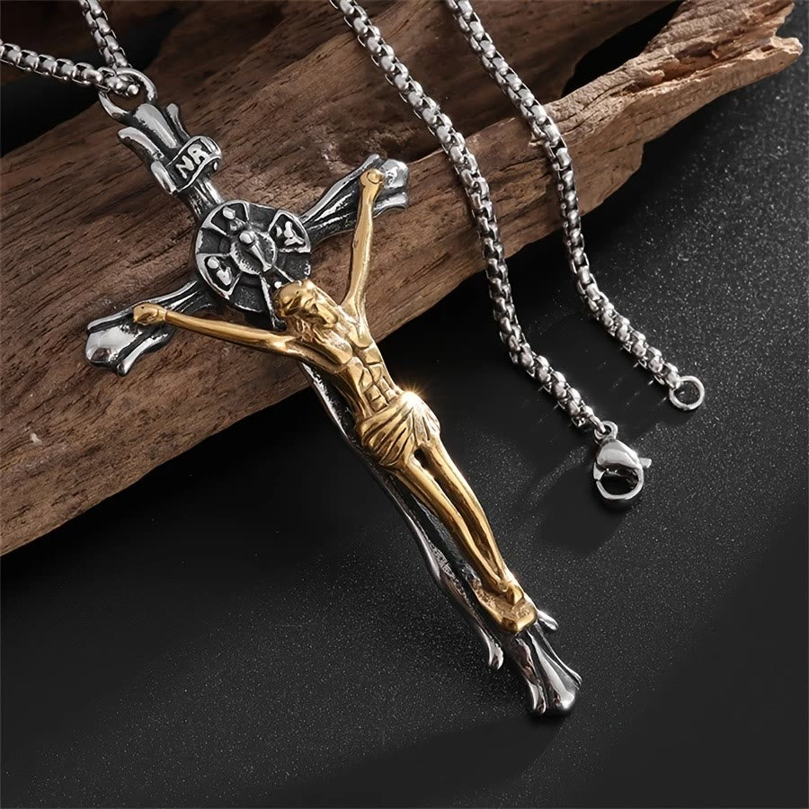 Collar de Crucifijo de Acero Bicolor - El Sacrificio Divino