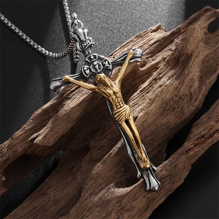 Collar de Crucifijo de Acero Bicolor - El Sacrificio Divino
