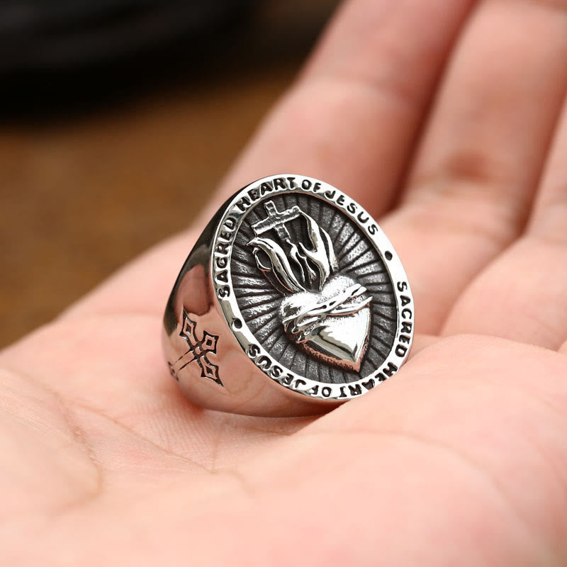 Anillo de Fe, Espíritu y Bendición en Cruz Sagrado Corazón de Jesús en 3 Colores