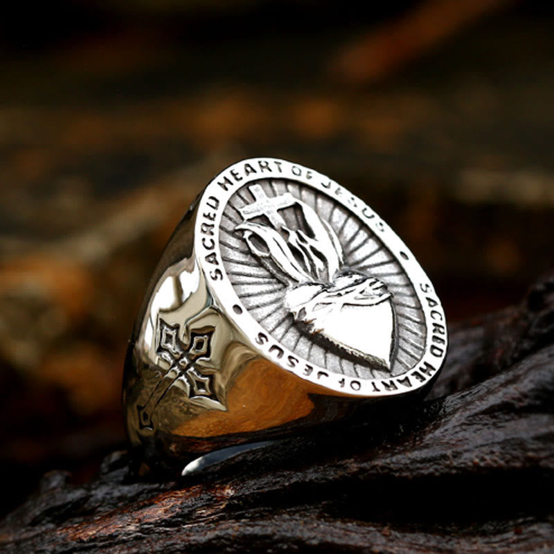 Anillo de Fe, Espíritu y Bendición en Cruz Sagrado Corazón de Jesús en 3 Colores