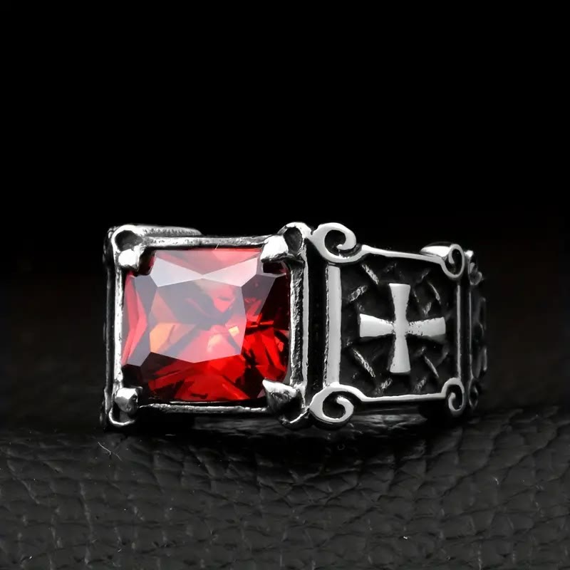 Cruz de Piedra Preciosa Roja y Negra - Anillo de Pareja Embellecido: Un Símbolo de Fe y Estilo