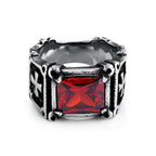 Cruz de Piedra Preciosa Roja y Negra - Anillo de Pareja Embellecido: Un Símbolo de Fe y Estilo