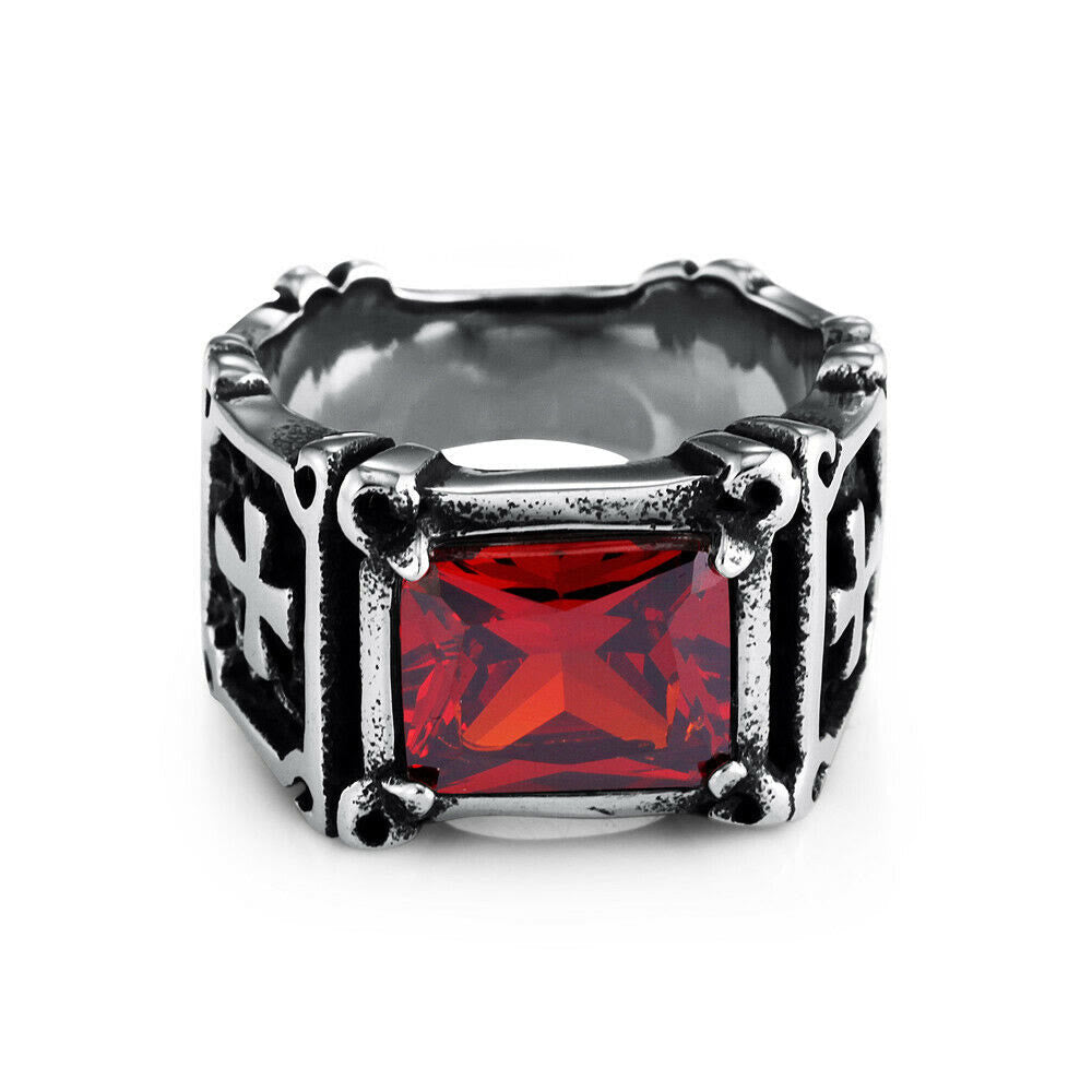 Cruz de Piedra Preciosa Roja y Negra - Anillo de Pareja Embellecido: Un Símbolo de Fe y Estilo