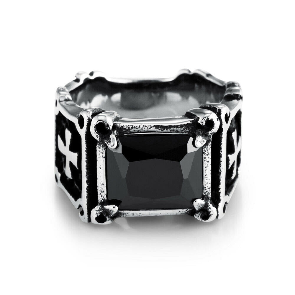 Cruz de Piedra Preciosa Roja y Negra - Anillo de Pareja Embellecido: Un Símbolo de Fe y Estilo