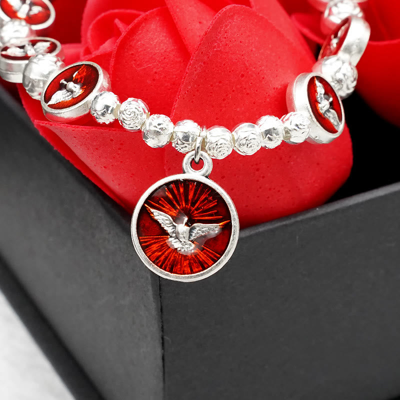 Pulsera de Esmalte del Espíritu Santo con Cruz y Cuentas de Rosa: Símbolo Apreciado de Protección Bendita