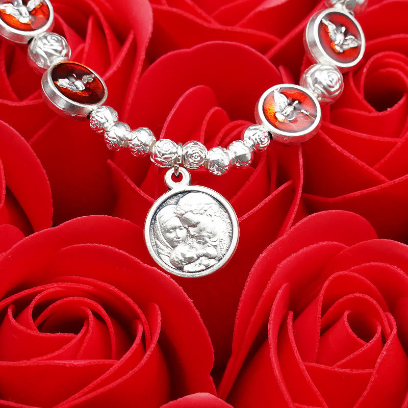 Pulsera de Esmalte del Espíritu Santo con Cruz y Cuentas de Rosa: Símbolo Apreciado de Protección Bendita