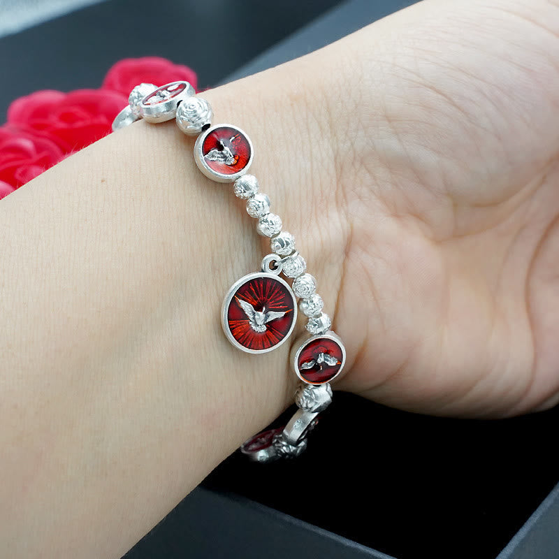 Pulsera de Esmalte del Espíritu Santo con Cruz y Cuentas de Rosa: Símbolo Apreciado de Protección Bendita