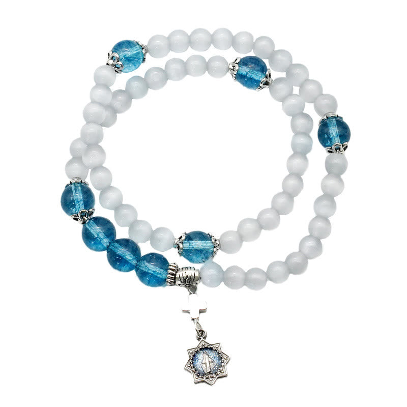 Pulsera Ajustable Minimalista con Piedras de Ojo de Gato Multicolores y Medalla Milagrosa