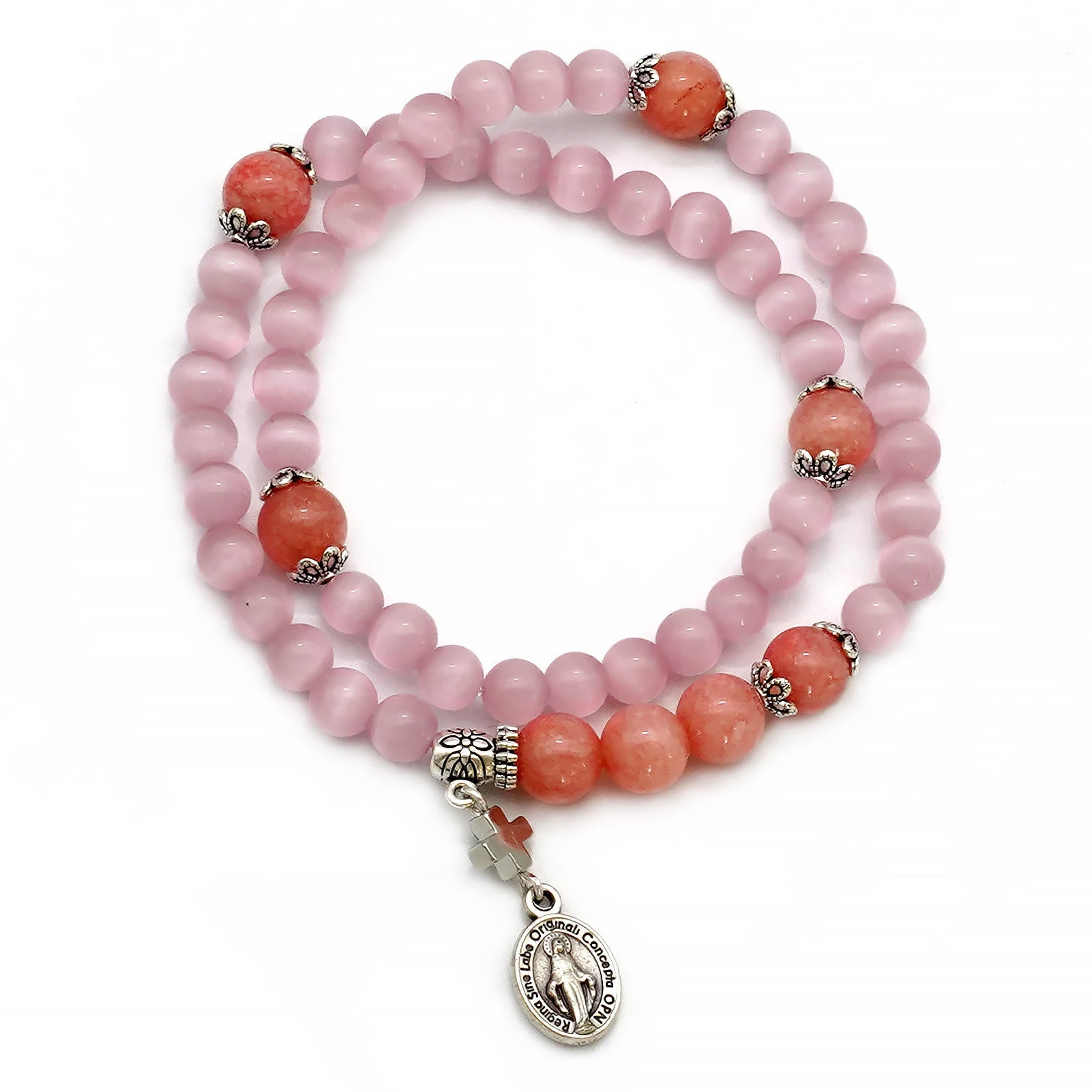 Pulsera Ajustable Minimalista con Piedras de Ojo de Gato Multicolores y Medalla Milagrosa