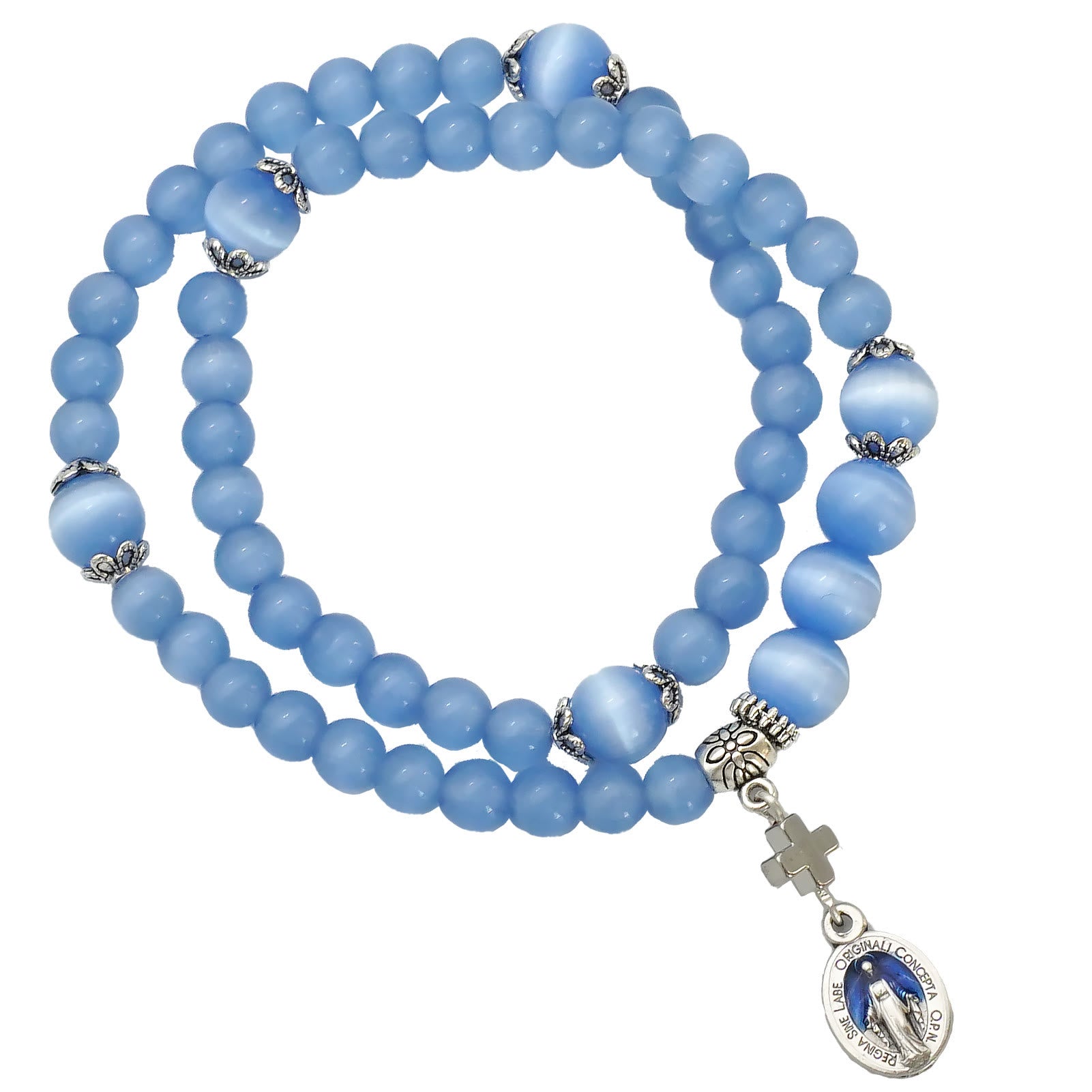 Pulsera Ajustable Minimalista con Piedras de Ojo de Gato Multicolores y Medalla Milagrosa